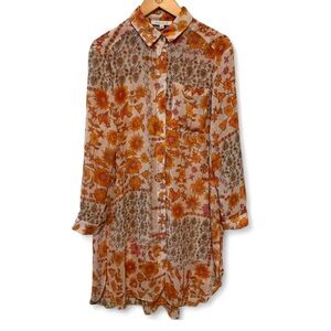 Rose + Olive Floral Paisley Long Button Down Shirt Blouse